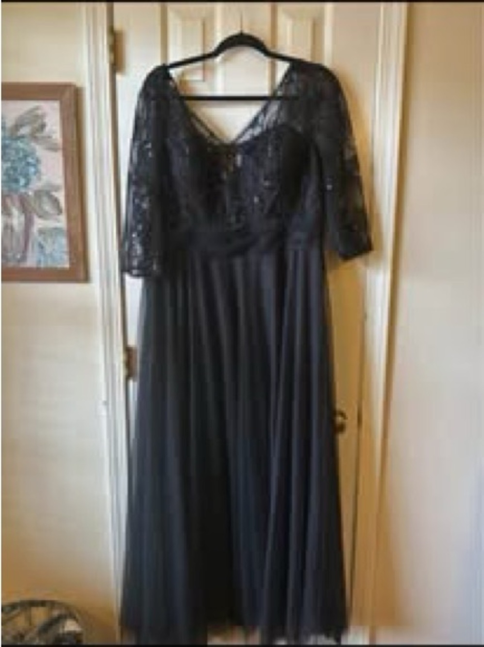 Black Lace A-Line Evening Dress with Sheer Sleeves Altered to a size 14.